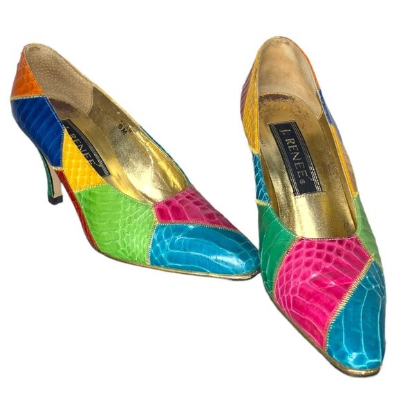 Vintage Shoes - Vintage 80s Multicolor Snake Skin Pointed Toe Pumps 6